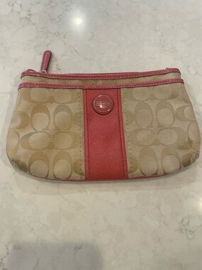 Coach Tan Signature Canvas Wristlet with Coral Trim